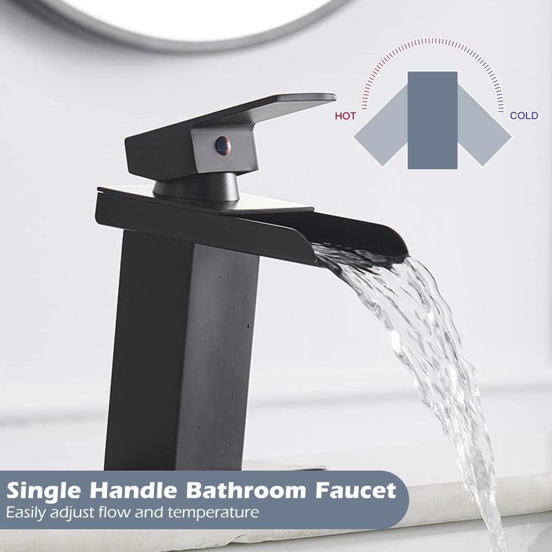 Homevacious Black Bathroom Faucet Waterfall Single Hole Bathroom Faucet with Pop Up Drain Assembly and Deck Plate Modern Single Handle Vanity Faucets Basin Lavatory RV Mixer Tap Commercial - Image 3